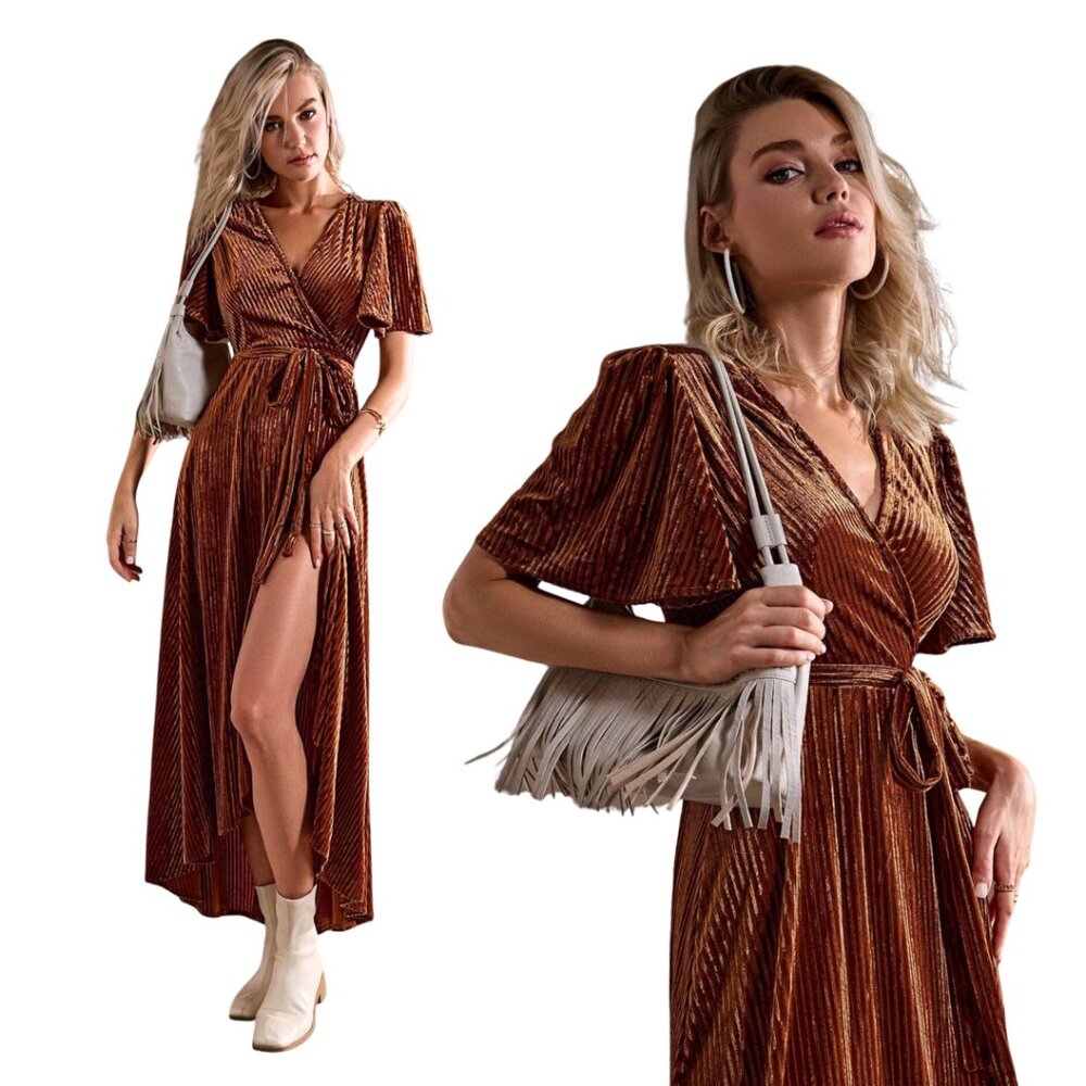 NWT Butterfly Sleeve Full Wrap Ribbed Velvet Dress Copper Rust XL Boho Earthy